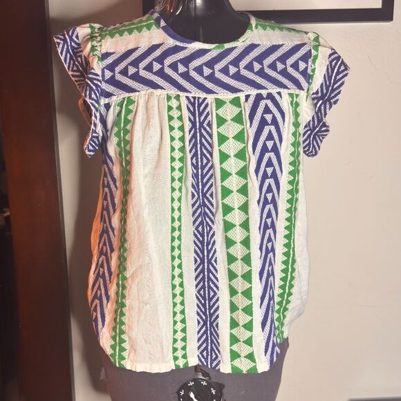 THML Geometric Embroidered Flutter Sleeve Top Women’s Size M Boho Resort - Picture 1 of 8